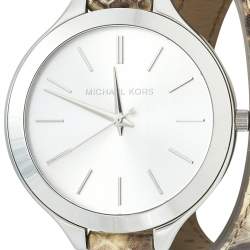 Pre Owned Michael Kors Silver Stainless Steel Leather Slim Runway MK-2467 Women's Wristwatch 42 mm