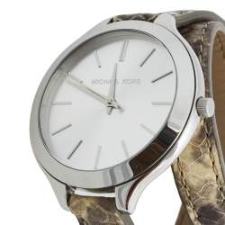 Pre Owned Michael Kors Silver Stainless Steel Leather Slim Runway MK-2467 Women's Wristwatch 42 mm