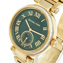 Pre Owned Michael Kors Green Yellow Gold Plated Stainless Steel Skylar MK-6065 Women's Wristwatch 41 mm