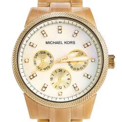 Pre Owned Michael Kors Mother of Pearl Gold Plated Stainless Steel Horn Resin Jet Set MK-5039 Women's Wristwatch 37 mm