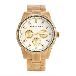 Pre Owned Michael Kors Mother of Pearl Gold Plated Stainless Steel Horn Resin Jet Set MK-5039 Women's Wristwatch 37 mm