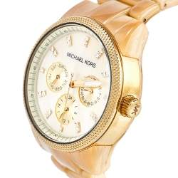 Pre Owned Michael Kors Mother of Pearl Gold Plated Stainless Steel Horn Resin Jet Set MK-5039 Women's Wristwatch 37 mm