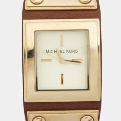 Pre Owned Michael Kors Champagne Gold Plated Stainless Steel Leather MK2201 Women's Wristwatch 30 mm