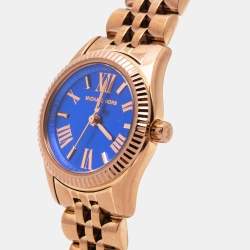 Pre Owned Michael Kors Blue Rose Gold Plated Stainless Steel Petite Lexington MK3272 Women's Wristwatch 26 mm