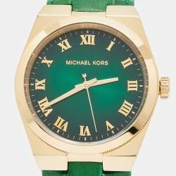 Michael Kors Green Gold Plated Stainless Steel Leather Channing MK2356 Unisex Wristwatch 38 mm 