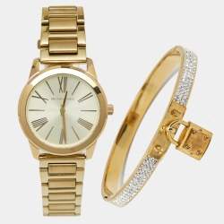 Pre Owned Michael Kors Champagne Gold Plated Stainless Steel Hartman MK3490 Women's Wristwatch Set 38 mm