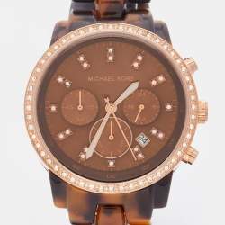 Pre Owned Michael Kors Brown Mother Of Pearl Rose Gold Plated Stainless Steel Acetate Showstopper MK5366 Women' Wristwatch 43 mm