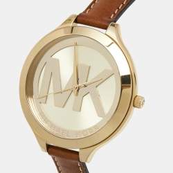 Pre Owned Michael Kors Champagne Gold Plated Stainless Steel Leather Slim Runway MK2326 Women's Wristwatch 42 mm
