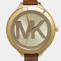 Pre Owned Michael Kors Champagne Gold Plated Stainless Steel Leather Slim Runway MK2326 Women's Wristwatch 42 mm
