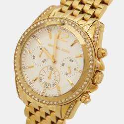 Pre Owned Michael Kors White Dial Gold Plated Stainless Steel Crystal Embellished Pressly MK5835 Women's Wristwatch 39 mm