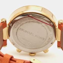 Pre Owned MIchael Kors Champagne Gold Plated Stainless Steel Leather Crystal Embellished Parker MK2279 Women's Wristwatch 39 mm