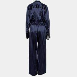 مملوكة مسبقًا Michael Lo Sordo Navy Blue Silk Satin Collared Jumpsuit M