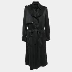 Michael Lo Sordo Black Satin Silk Classic Long Trench Coat M