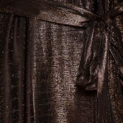 Pre Owned Michael Lo Sordo Metallic Lurex Side Slit Detail Belted Collared Maxi Dress L