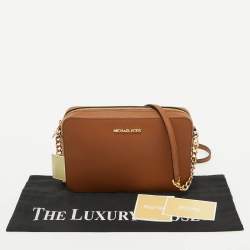 Pre Owned Michael Kors Brown Saffiano Leather Jet Set Large Crossbody Bag