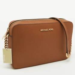 Pre Owned Michael Kors Brown Saffiano Leather Jet Set Large Crossbody Bag