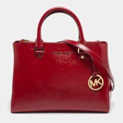 Pre Owned MICHAEL Michael Kors Sutton Medium Dark Red Patent Leather Satchel