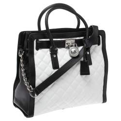 Pre Owned MICHAEL Michael Kors White/Black Leather Large Hamilton North South Tote