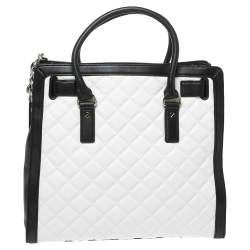 Pre Owned MICHAEL Michael Kors White/Black Leather Large Hamilton North South Tote