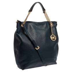 Pre Owned Michael Kors Navy Blue Leather Large Chain Jet Set Tote