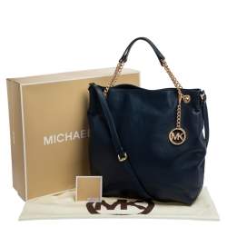 Pre Owned Michael Kors Navy Blue Leather Large Chain Jet Set Tote