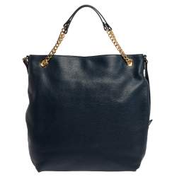 Pre Owned Michael Kors Navy Blue Leather Large Chain Jet Set Tote