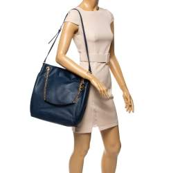 Pre Owned Michael Kors Navy Blue Leather Large Chain Jet Set Tote