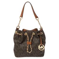 مملوكة مسبقًا MICHAEL Michael Kors Brown Signature Coated Canvas and Leather Medium Frankie Bucket Bag