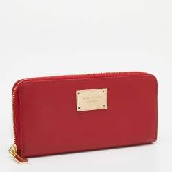 Pre Owned Michael Kors Red Leather Jet Set Zip Around Continental Wallet