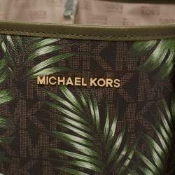 Pre Owned MICHAEL Michael Kors Green Palm Leaves Printed Coated Canvas and Leather Travel Jet Set Tote