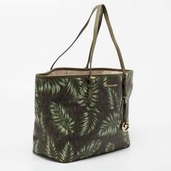 Pre Owned MICHAEL Michael Kors Green Palm Leaves Printed Coated Canvas and Leather Travel Jet Set Tote
