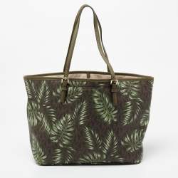 Pre Owned MICHAEL Michael Kors Green Palm Leaves Printed Coated Canvas and Leather Travel Jet Set Tote