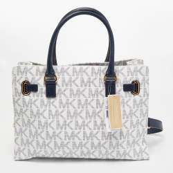 Pre Owned MICHAEL Michael Kors White/Navy Blue Signature Coated Canvas Large East West Hamilton Tote
