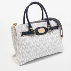 Pre Owned MICHAEL Michael Kors White/Navy Blue Signature Coated Canvas Large East West Hamilton Tote