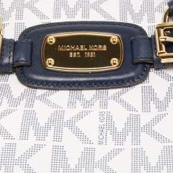 Pre Owned MICHAEL Michael Kors White/Navy Blue Signature Coated Canvas Large East West Hamilton Tote