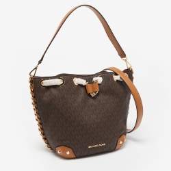 Pre Owned Michael Kors Brown Signature Coated Canvas Medium Alanis Bucket Bag
