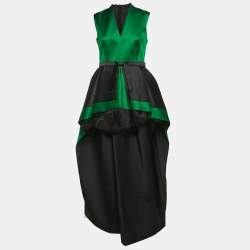 Paule Ka Green/Black Silk Asymmetric V-Neck Gown S