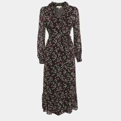 MICHAEL Michael Kors Black Floral Print Crepe Wrap Dress S