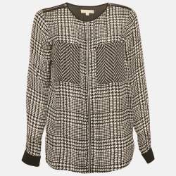 MICHAEL Michael Kors Black  Houndstooth Printed Silk Zip Front Top XS