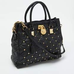 Pre Owned MICHAEL Michael Kors Black Leather Large Studded Hamilton North South Tote