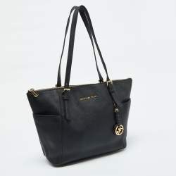 Pre Owned MICHAEL Michael Kors Black Leather Medium Jet Set Top Zip Tote