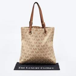 MICHAEL Michael Kors Beige/Brown Signature Canvas and Leather North South Tote 
