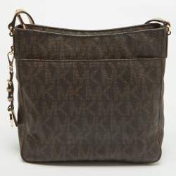 MICHAEL Michael Kors Brown/Beige Sigature Coated Canvas and Leather Jet Set Travel Messenger Bag