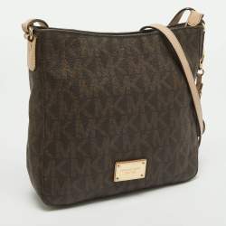 MICHAEL Michael Kors Brown/Beige Sigature Coated Canvas and Leather Jet Set Travel Messenger Bag