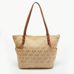 Pre Owned MICHAEL Michael Kors Beige/Brown Signature Canvas and Leather Jet Set Top Zip Tote