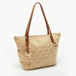 Pre Owned MICHAEL Michael Kors Beige/Brown Signature Canvas and Leather Jet Set Top Zip Tote