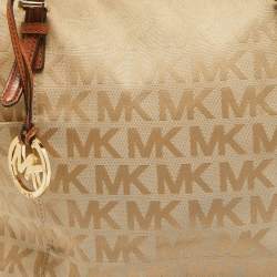 Pre Owned MICHAEL Michael Kors Beige/Brown Signature Canvas and Leather Jet Set Top Zip Tote