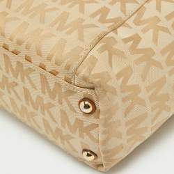 Pre Owned MICHAEL Michael Kors Beige/Brown Signature Canvas and Leather Jet Set Top Zip Tote