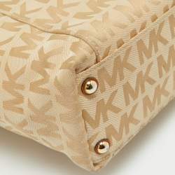 Pre Owned MICHAEL Michael Kors Beige/Brown Signature Canvas and Leather Jet Set Top Zip Tote