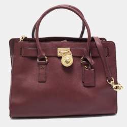 Pre Owned Michael Michael Kors Burgundy Leather Large East West Hamilton Tote